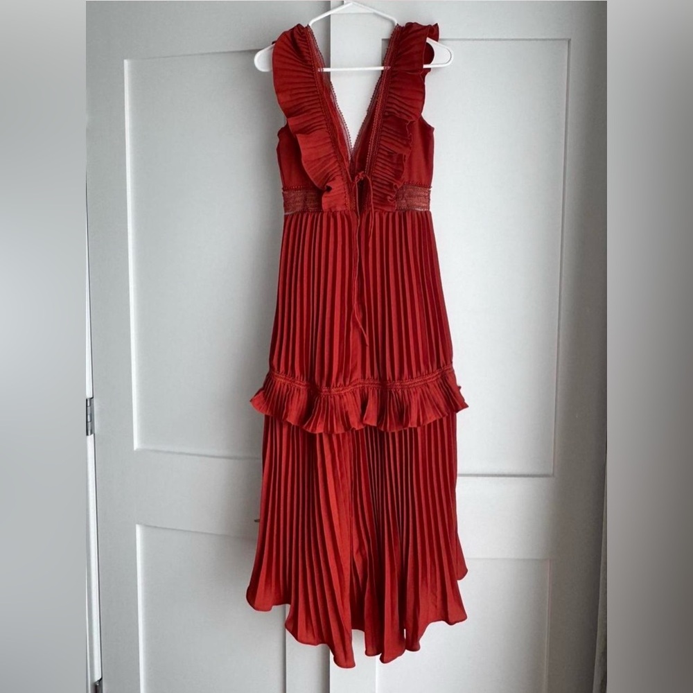 Self Portrait Calla Plisse Flounce High Low Dress Rust Terracotta Size 2 - Picture 5 of 8